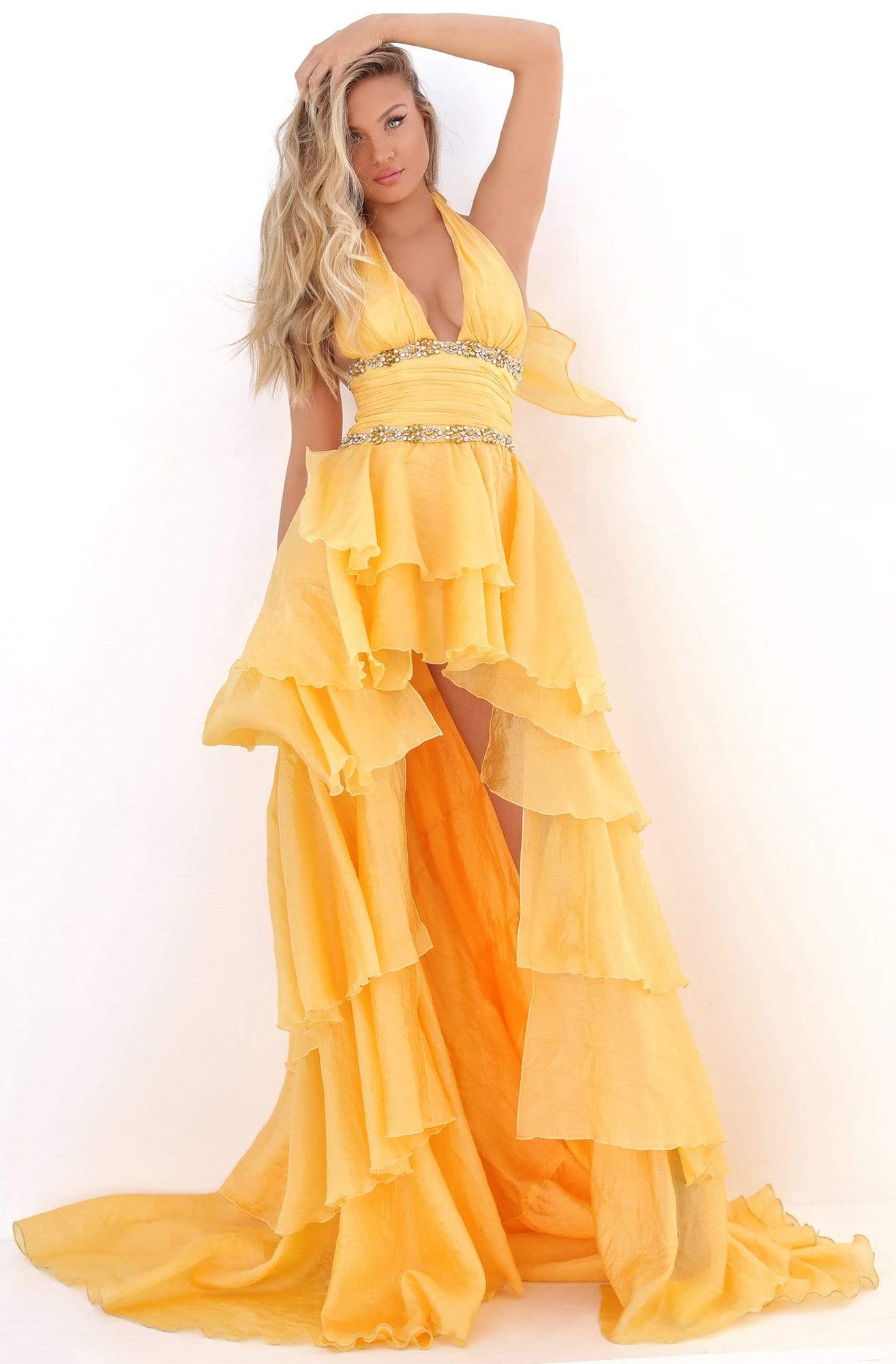 Tarik Ediz - 50676 Embellished Halter V-neck High Low A-line Dress Evening Dresses 0 / Yellow