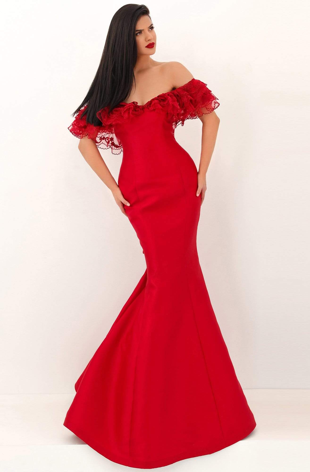 Tarik Ediz - 50693 Embellished Off-Shoulder Mermaid Dress Evening Dresses 0 / Red