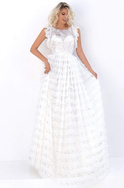 Tarik Ediz - 50711 Embellished Bateau Tiered A-line Dress Wedding Dresses 0 / Ivory