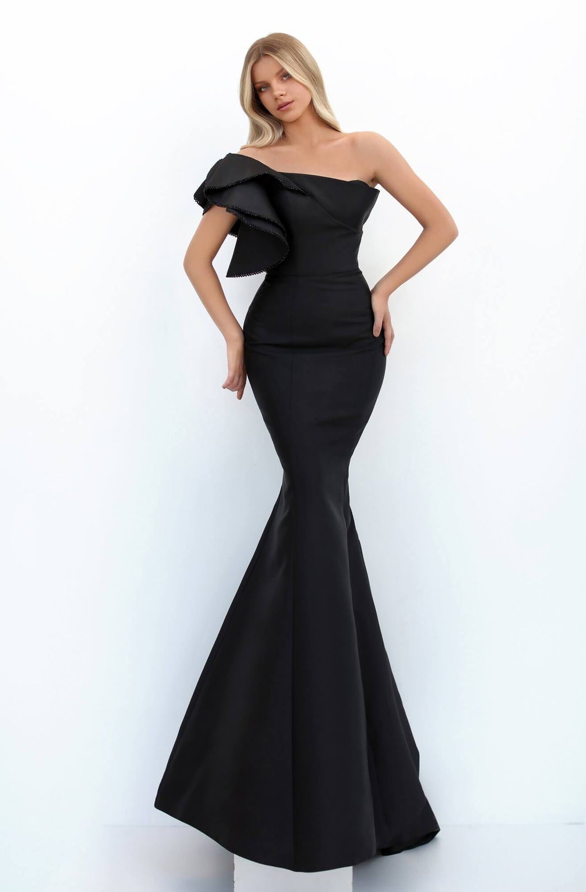 Tarik Ediz - Ruffled Asymmetric Mermaid Evening Dress 50731 In Black