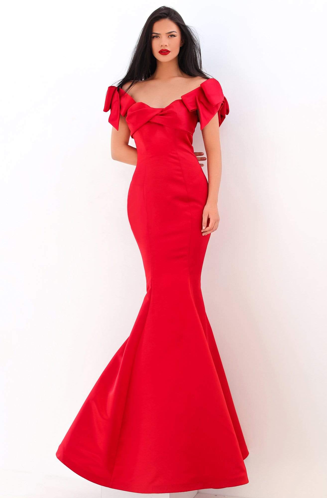 Tarik Ediz - 50744 Bow Accented Off Shoulder Mermaid Gown Evening Dresses 0 / Red