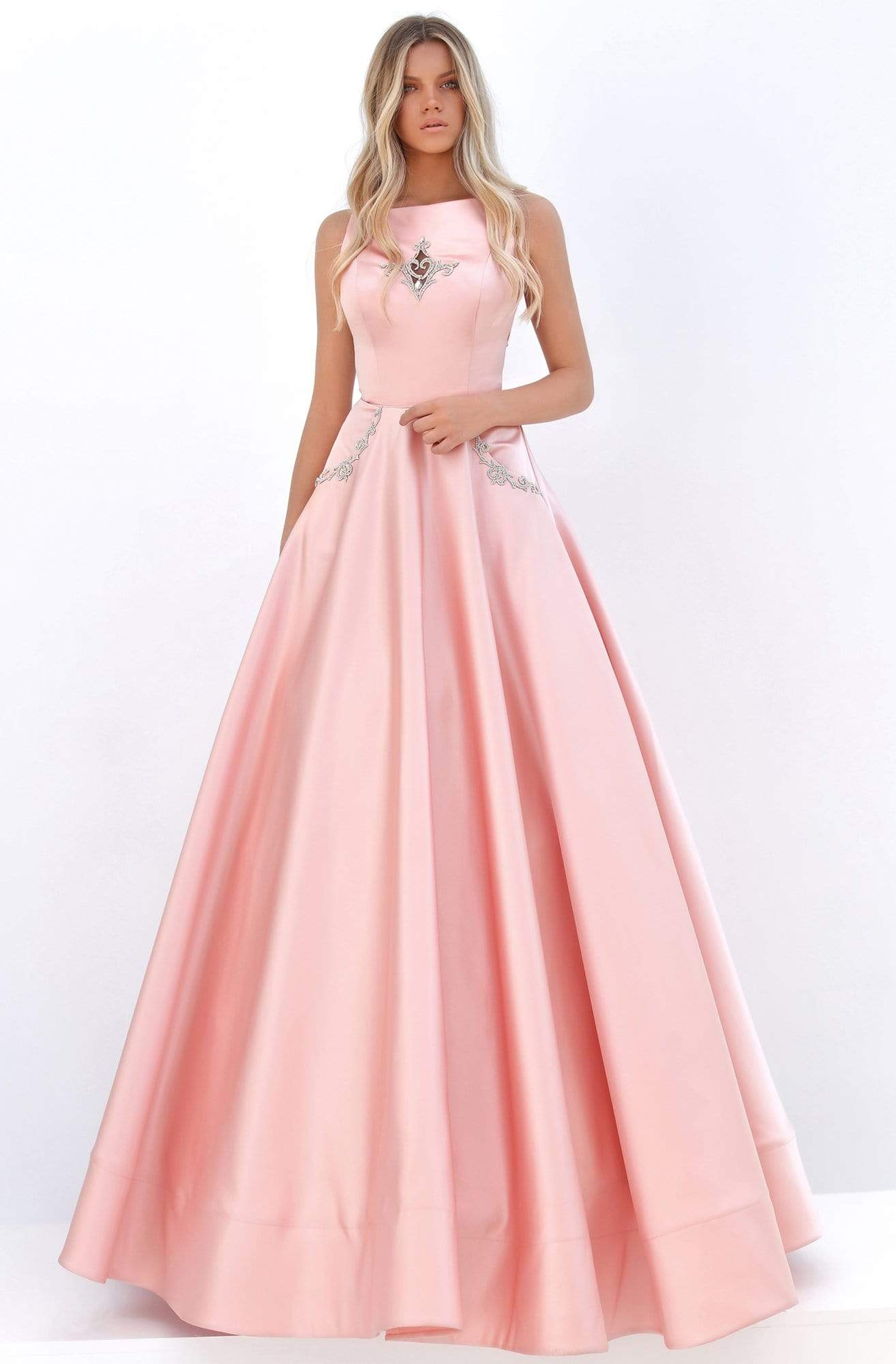 Tarik Ediz - 50752 Jeweled Cutout Bodice Long Satin Gown Prom Dresses 0 / Salmon