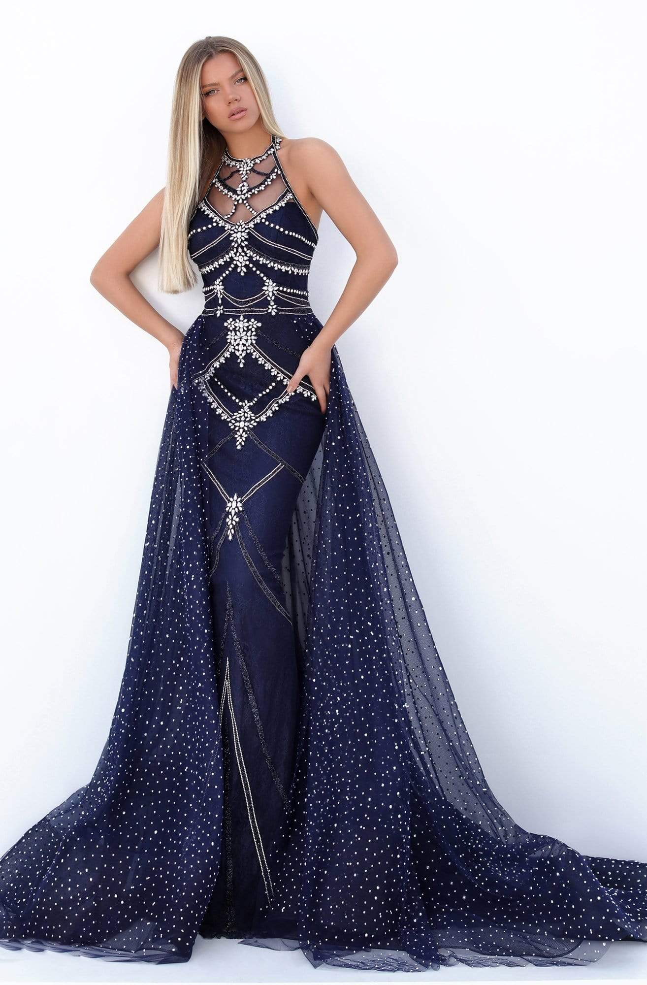 Tarik Ediz - 50753 Crystal Embellished Halter Dress With Overskirt Prom Dresses 0 / Navy