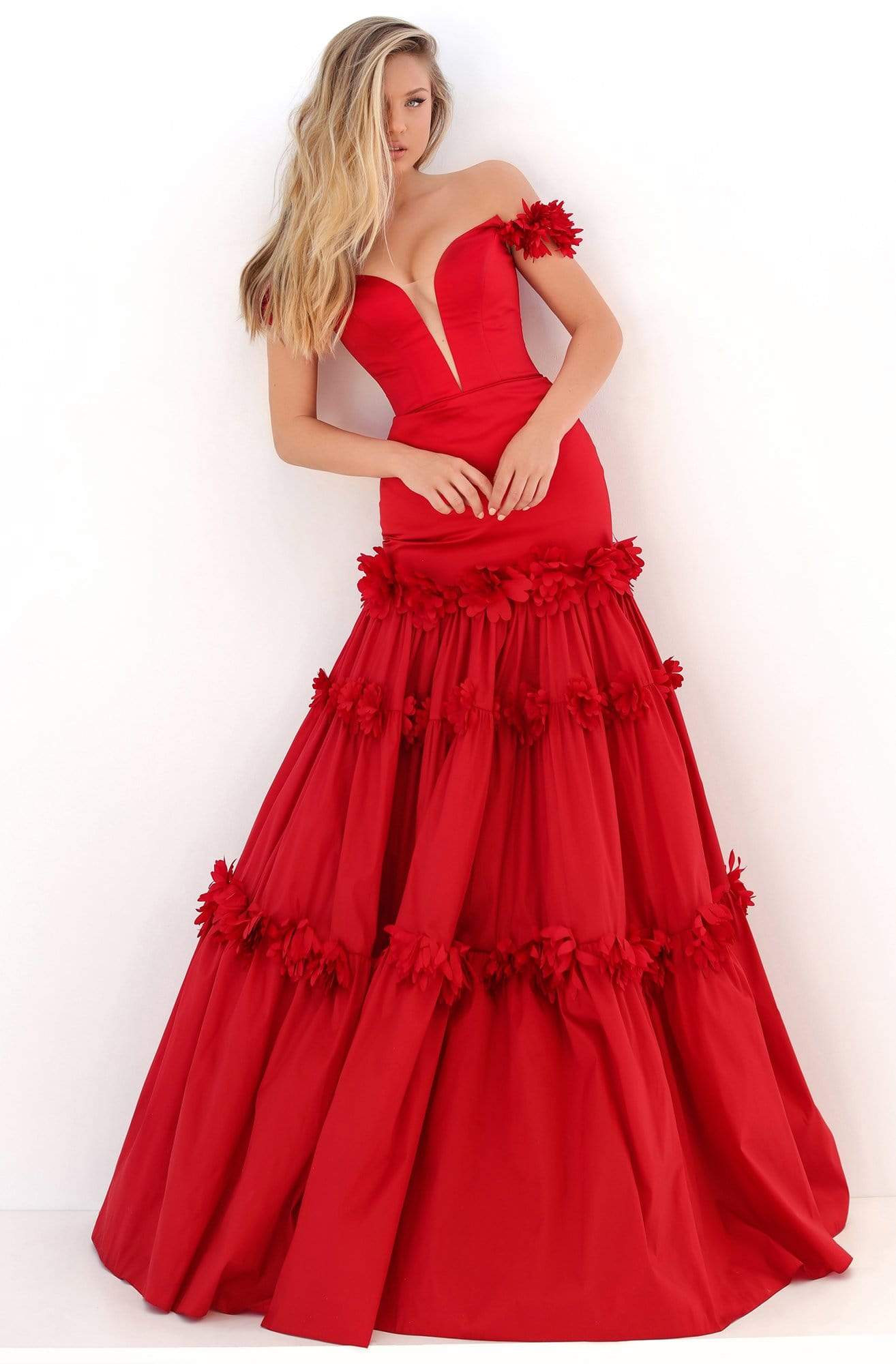 Tarik Ediz - 50755 Floral Applique Deep Off-Shoulder Trumpet Dress Prom Dresses 0 / Red