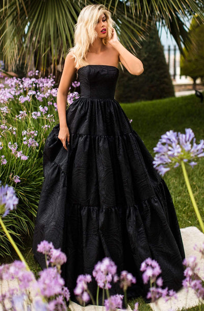 Tarik Ediz - 50759 Straight Neck Jacquard Ballgown Prom Dresses 0 / Black