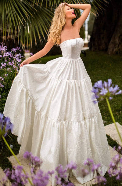 Tarik Ediz - 50759 Straight Neck Jacquard Ballgown Prom Dresses 0 / Ivory