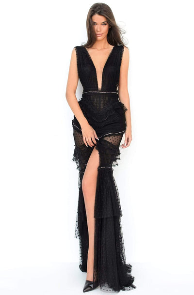 Tarik Ediz - 50761 Plunging Bodice Lace Trimmed High Slit Gown Evening Dresses 0 / Black