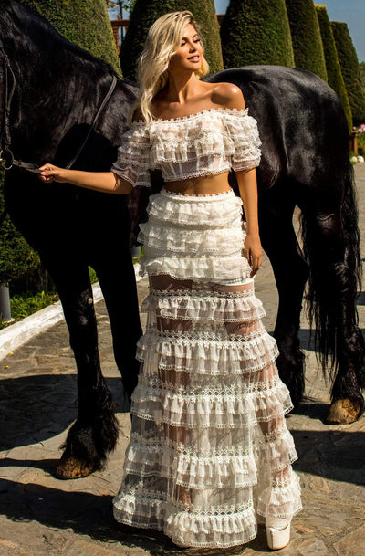 Tarik Ediz - 50765 Two-Piece Ruffle Tiered Off Shoulder Gown Evening Dresses 0 / Ivory