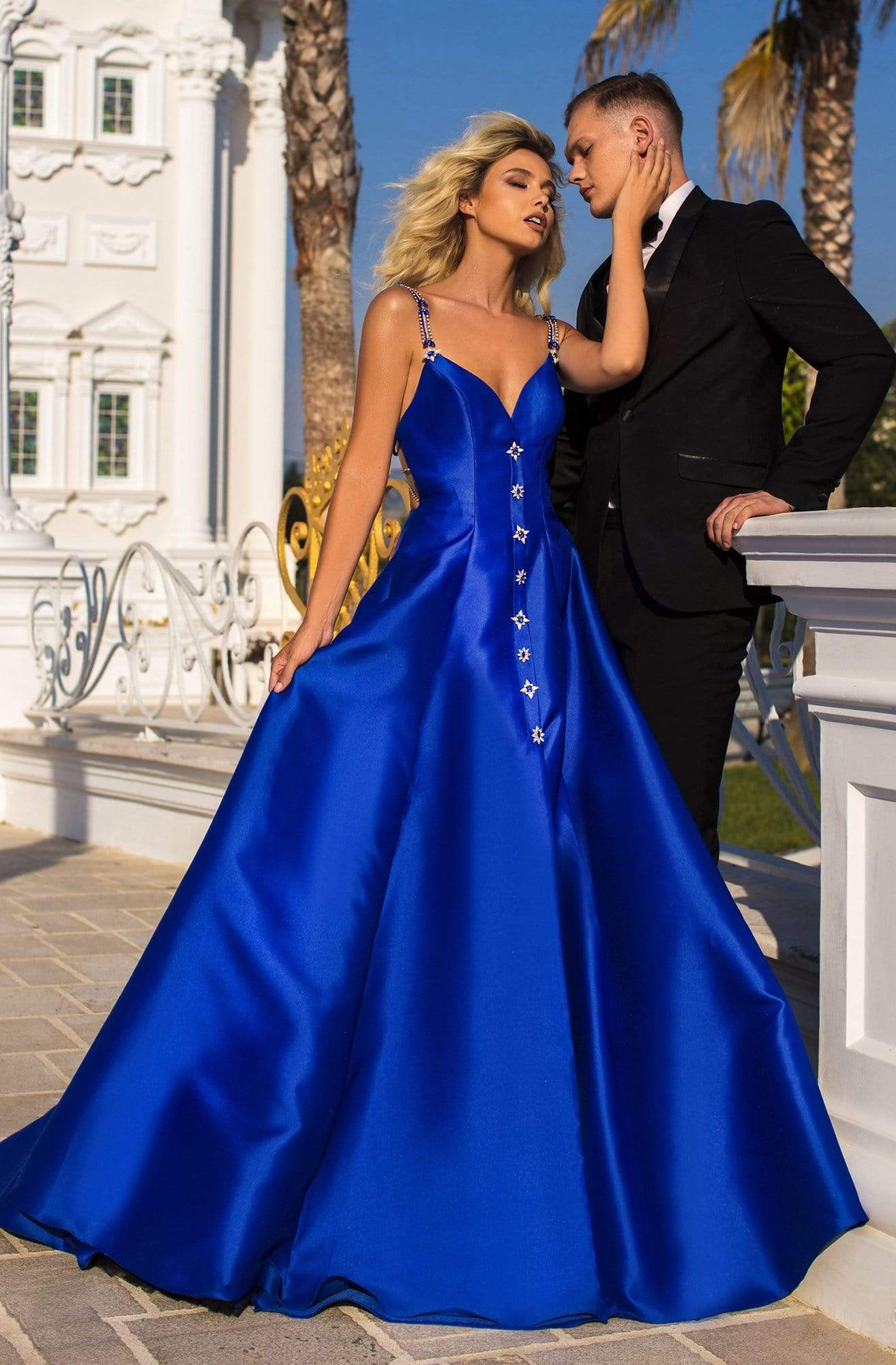Tarik Ediz - 50766 Embellished Plunging V-neck A-line Gown Prom Dresses 0 / Royal Blue