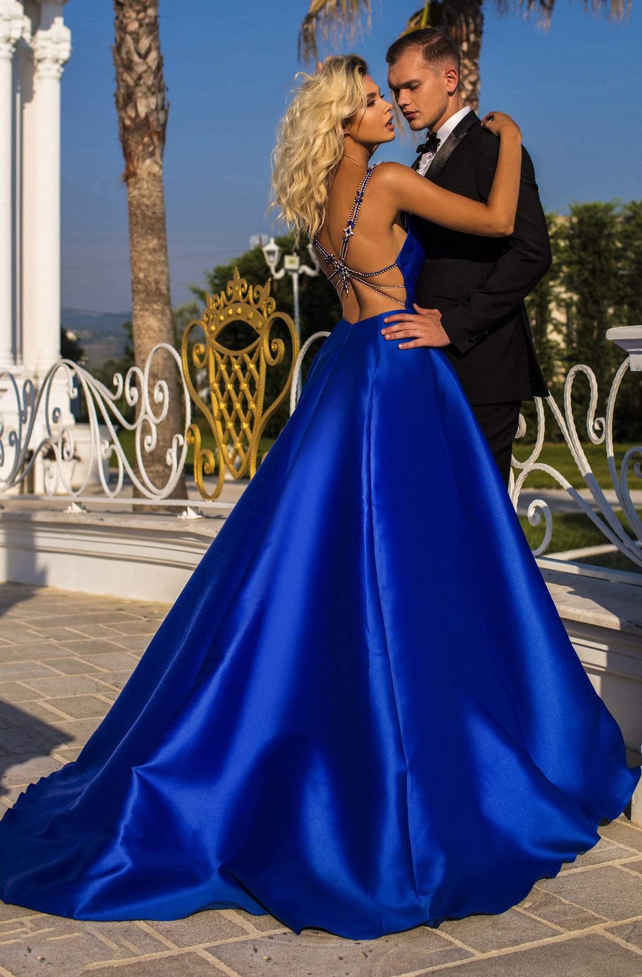 Tarik Ediz - 50766 Embellished Plunging V-neck A-line Gown Prom Dresses