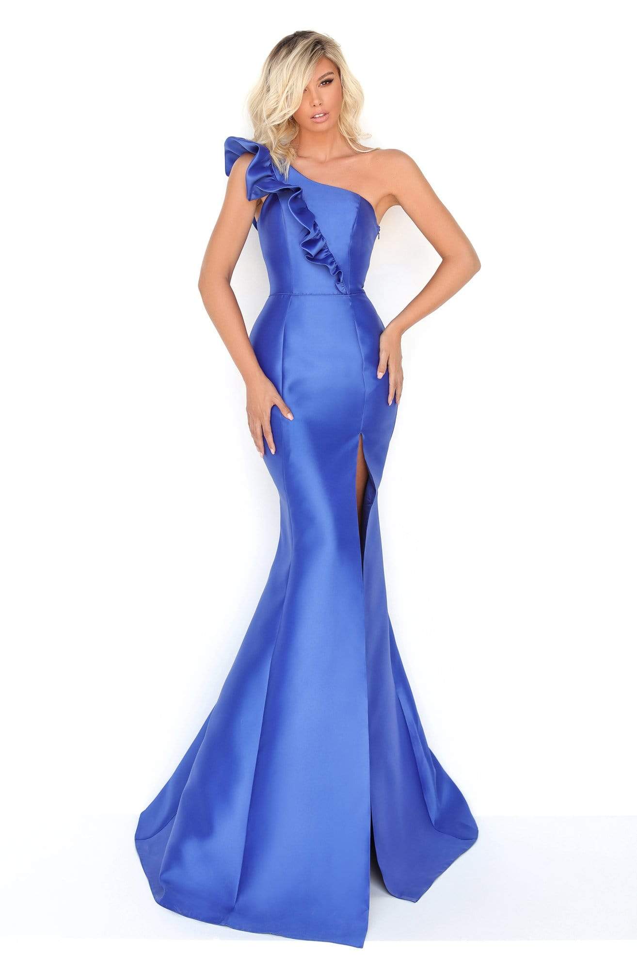 Tarik Ediz - 50774 Ruffled One Shoulder Mermaid Dress Evening Dresses 0 / Royal Blue
