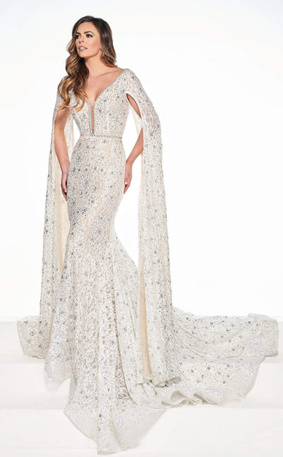Rachel Allan Primadonna - 5081 Lace Deep V-neck Mermaid Dress In White and Neutral
