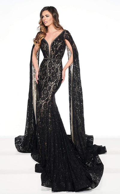 Rachel Allan Primadonna - 5081 Lace Deep V-neck Mermaid Dress In Black and Neutral