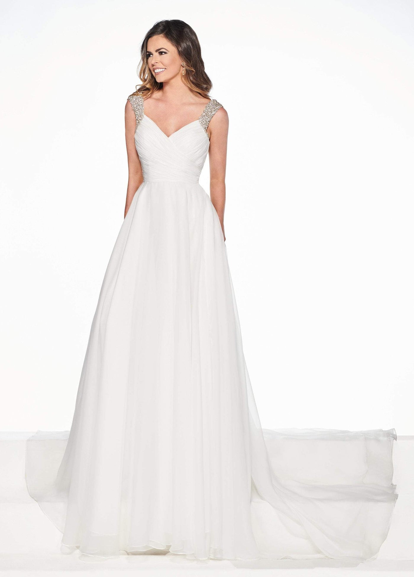 Rachel Allan Primadonna - 5082 Embellished V-neck Chiffon A-line Dress In White