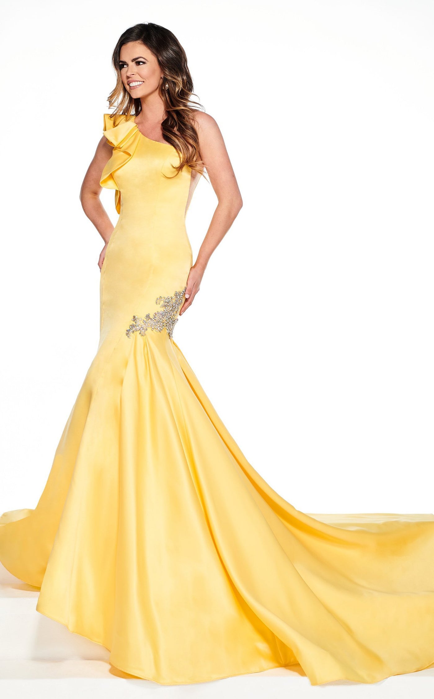Rachel Allan Primadonna - 5084 Ruffled One Shoulder Satin Mermaid Gown In Yellow