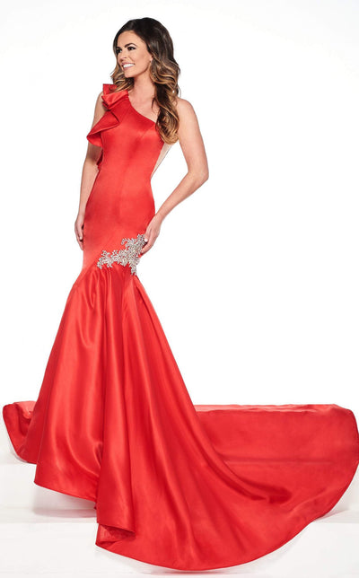 Rachel Allan Primadonna - 5084 Ruffled One Shoulder Satin Mermaid Gown In Red