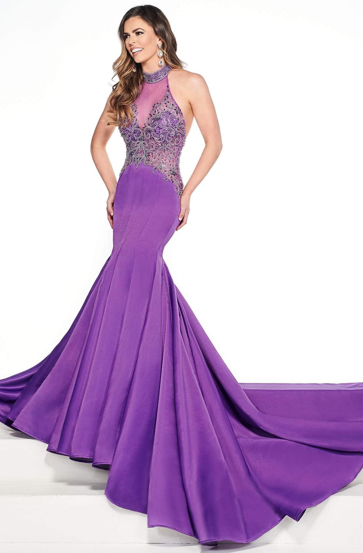 Rachel Allan Primadonna - 5086 Bejeweled High Halter Mermaid Dress In Purple