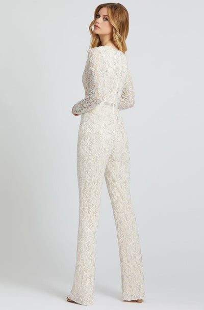 Mac Duggal Prom - 5120M Beaded Plunging V-Neck Jumpsuit In White