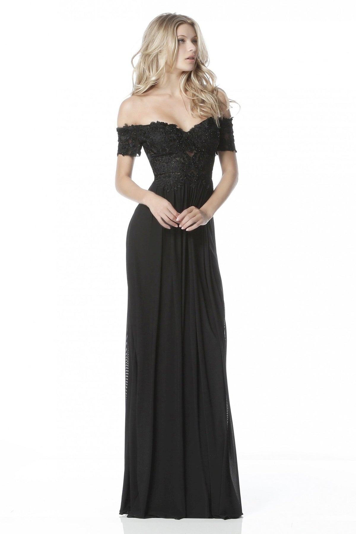 Sherri Hill - Beaded Lace Off-Shoulder A-Line Evening Gown 51556 In Black