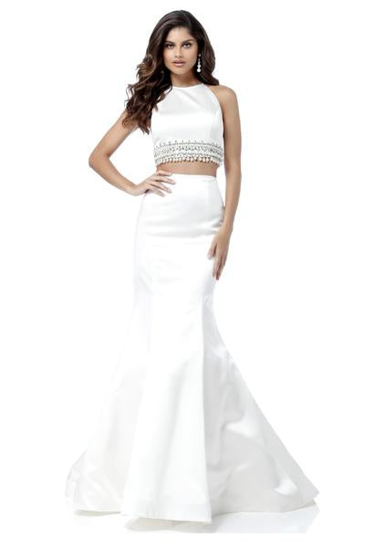 Sherri Hill - Two Piece Halter Satin Mermaid Dress 51581 In White