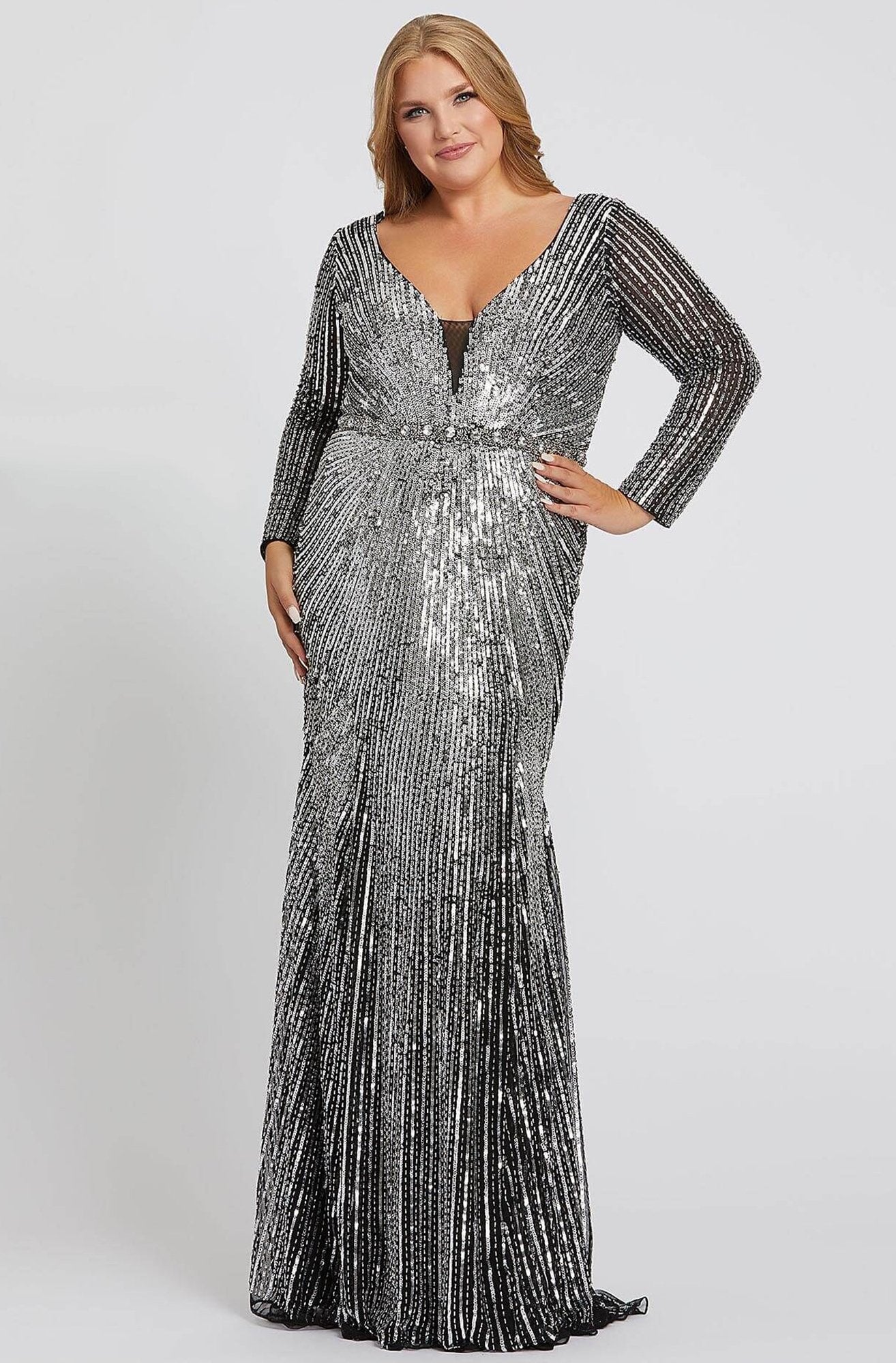 Mac Duggal Fabulouss - 5176F Sequined Long Sleeve Deep V-neck Dress In Black and Silver