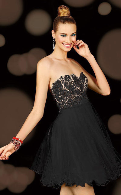 Alyce Paris - 3601 Strapless Floral Cocktail Dress with Lace Up Back in Black