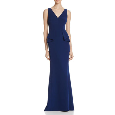 Aidan Mattox - MN1E200677 V-Neck Peplum Crepe Evening Dress In Blue