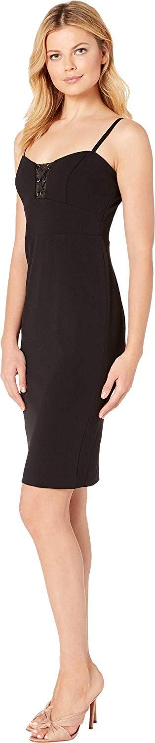 Bebe - 70478 Knee Length Sheer Lace Accent Sheath Dress In Black