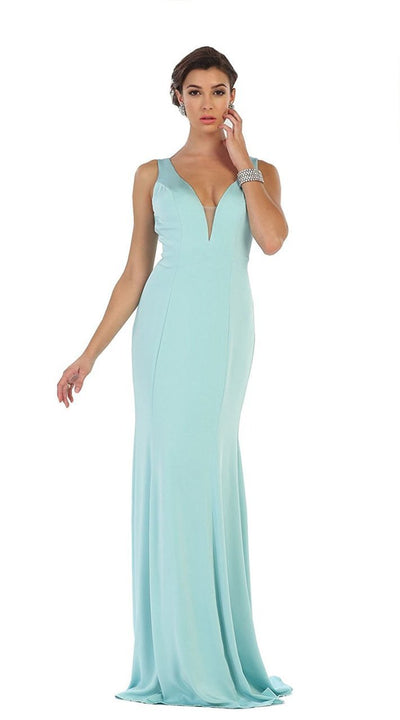 May Queen - MQ1431 Sleeveless Plunging Trumpet Gown In Blue