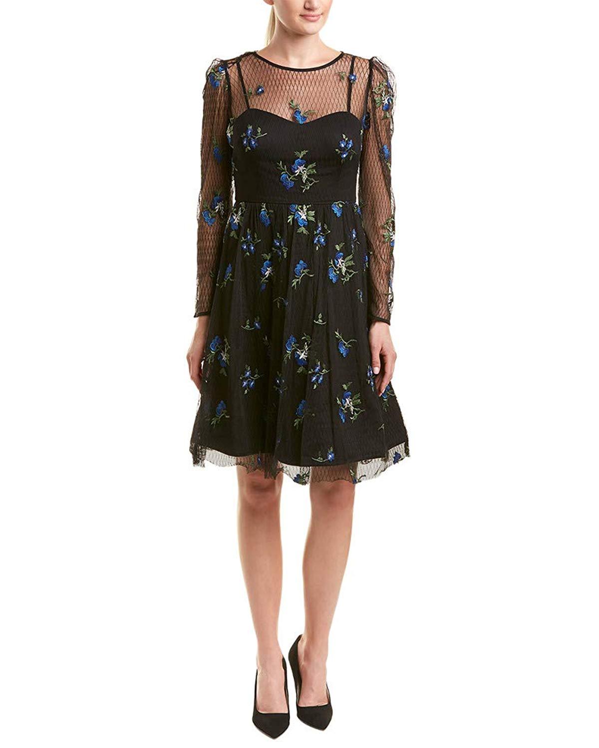 Taylor - 9862M Knee Length Puff Sleeve Illusion Embroidered Dress In Blue and Black