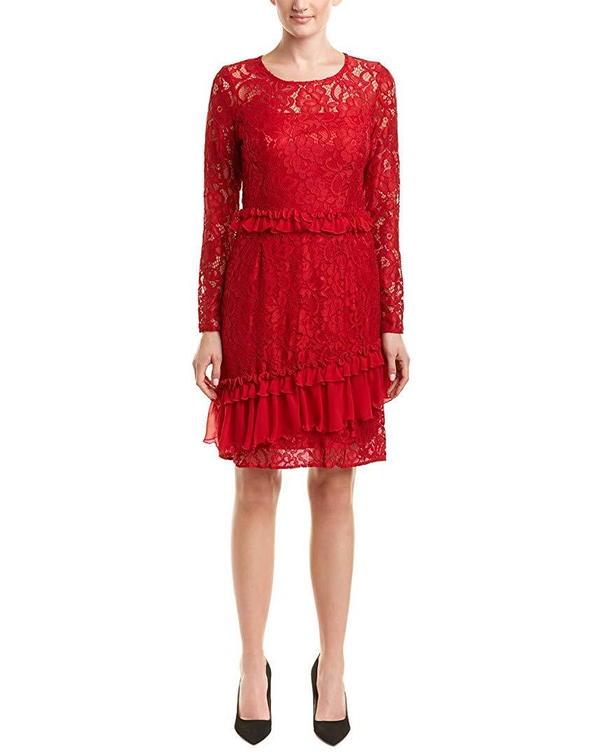 Taylor - 9964M Lace Ruffled Long Sleeves Dress In Red