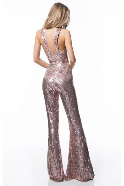 Sherri Hill - Crisscross Halter Beaded Jumpsuit 52082 In Pink