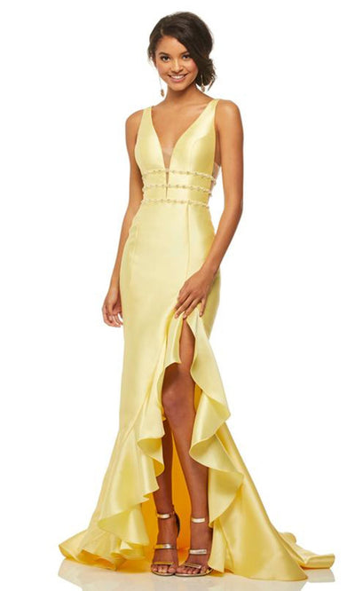 Sherri Hill - Plunging V-Neck Ruffled High Slit Dress 52576SC In Yellow