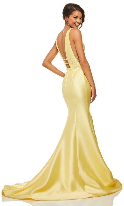 Sherri Hill - Plunging V-Neck Ruffled High Slit Dress 52576SC In Yellow