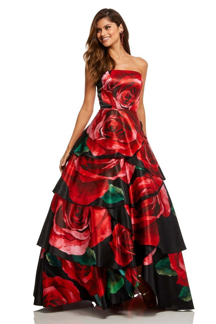 Sherri Hill - Floral Strapless Ball Gown 52624SC In Black and Red