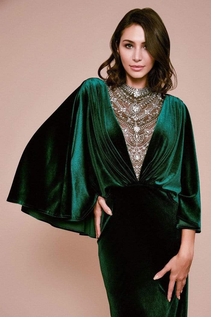 Tadashi Shoji - Beaded Illusion Plunging V Neck Capelet Gown In Green