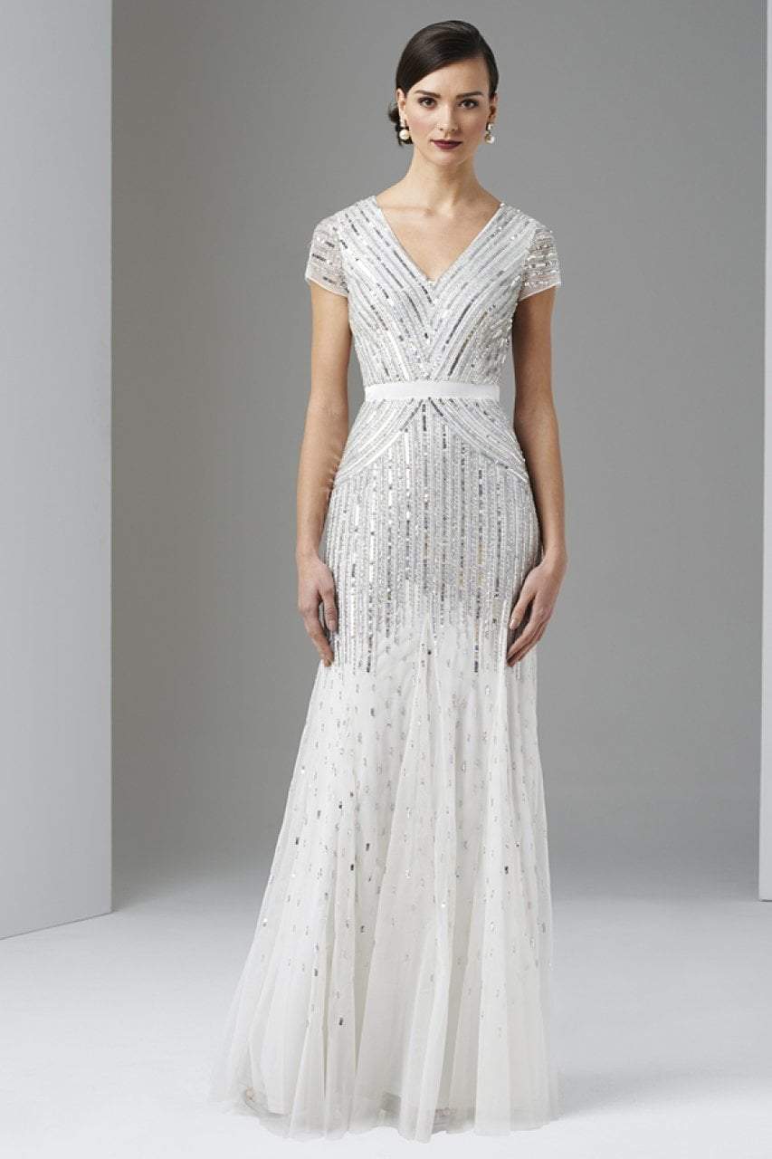 Adrianna Papell - 92868950 Cap Sleeve Sequined Mesh A-Line Gown in White