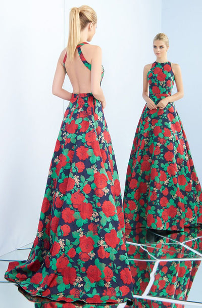 Ieena Duggal - 55162I Bold Floral Print Sleeveless A-Line Gown In Print