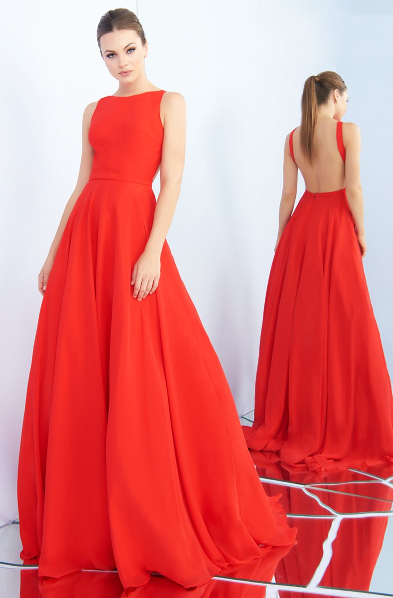 Ieena Duggal - 55192I Chiffon Bateau A-line Dress In Red
