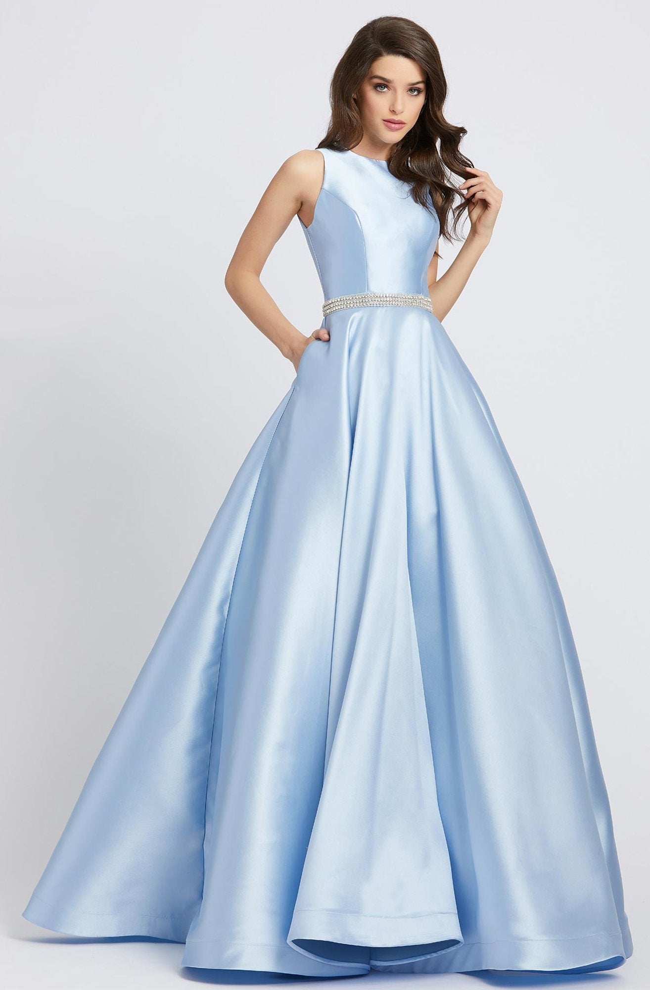 Ieena Duggal - 55237I Sleeveless Crystal Beaded Belt A Line Gown in Blue