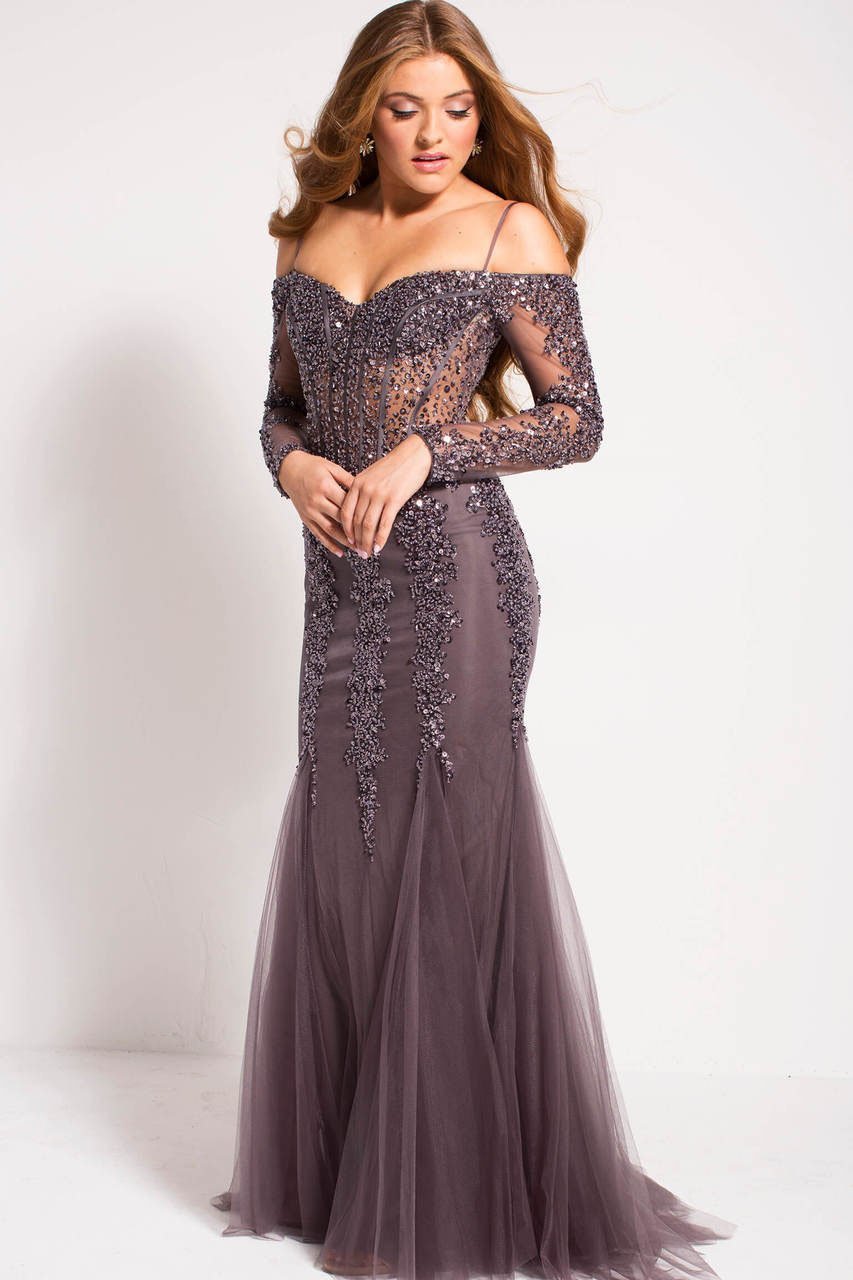 Jovani - Beaded Illusion Off Shoulder Long Sleeve Gown 55522SC In Gray