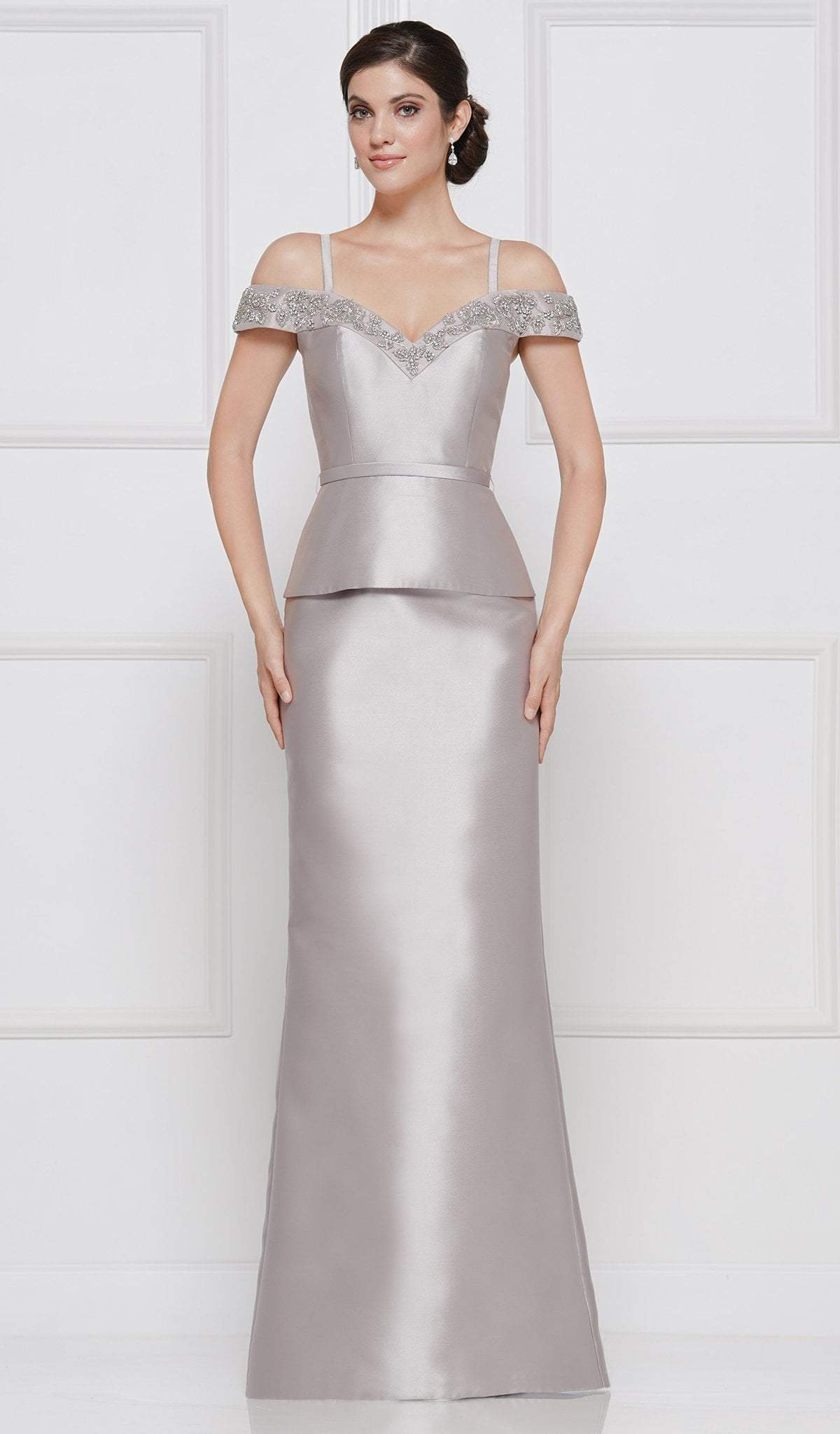 Rina Di Montella - RD2643 Floral Beaded Off Shoulder Peplum Gown In Silver