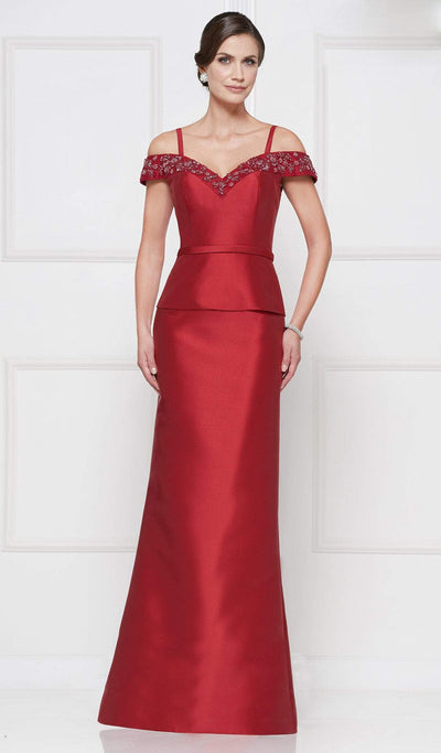 Rina Di Montella - RD2643 Floral Beaded Off Shoulder Peplum Gown In Red
