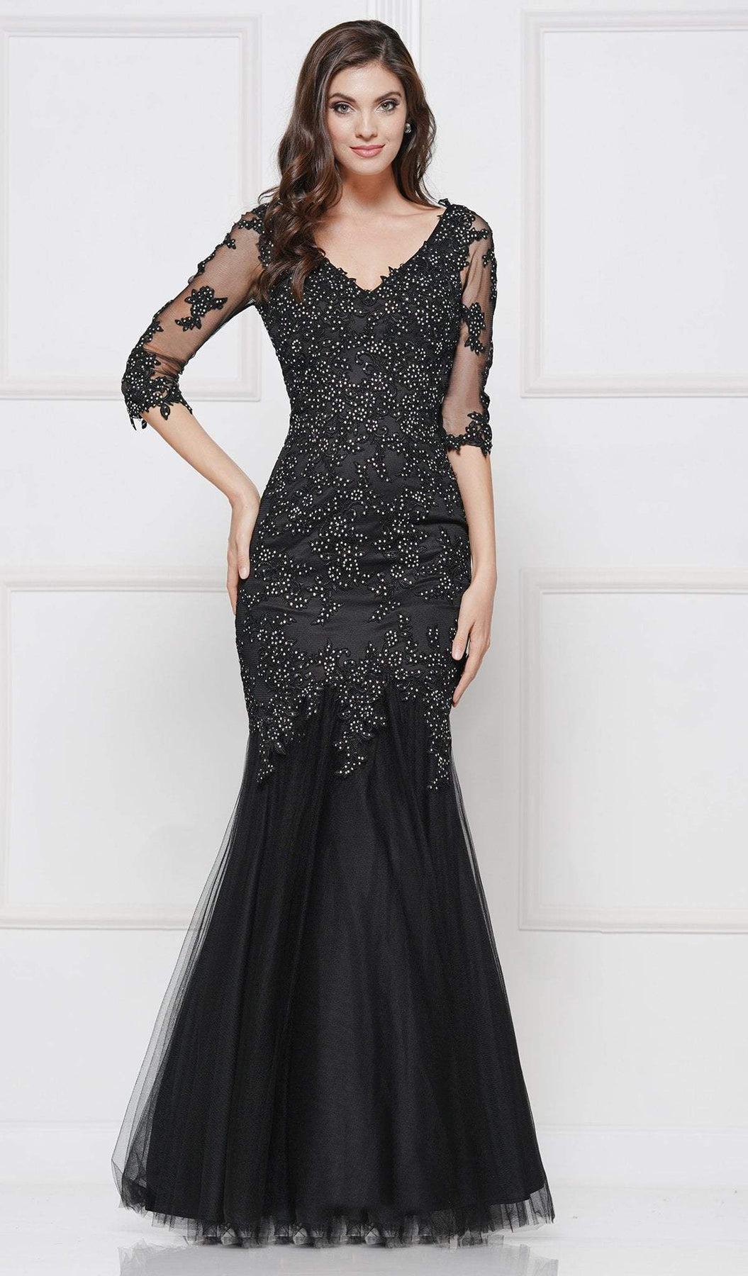 Glow by Colors - G290SL Appliqued Illusion Quarter Sleeve Tulle Gown In Black