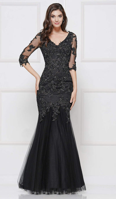 Glow by Colors - G290SL Appliqued Illusion Quarter Sleeve Tulle Gown In Black