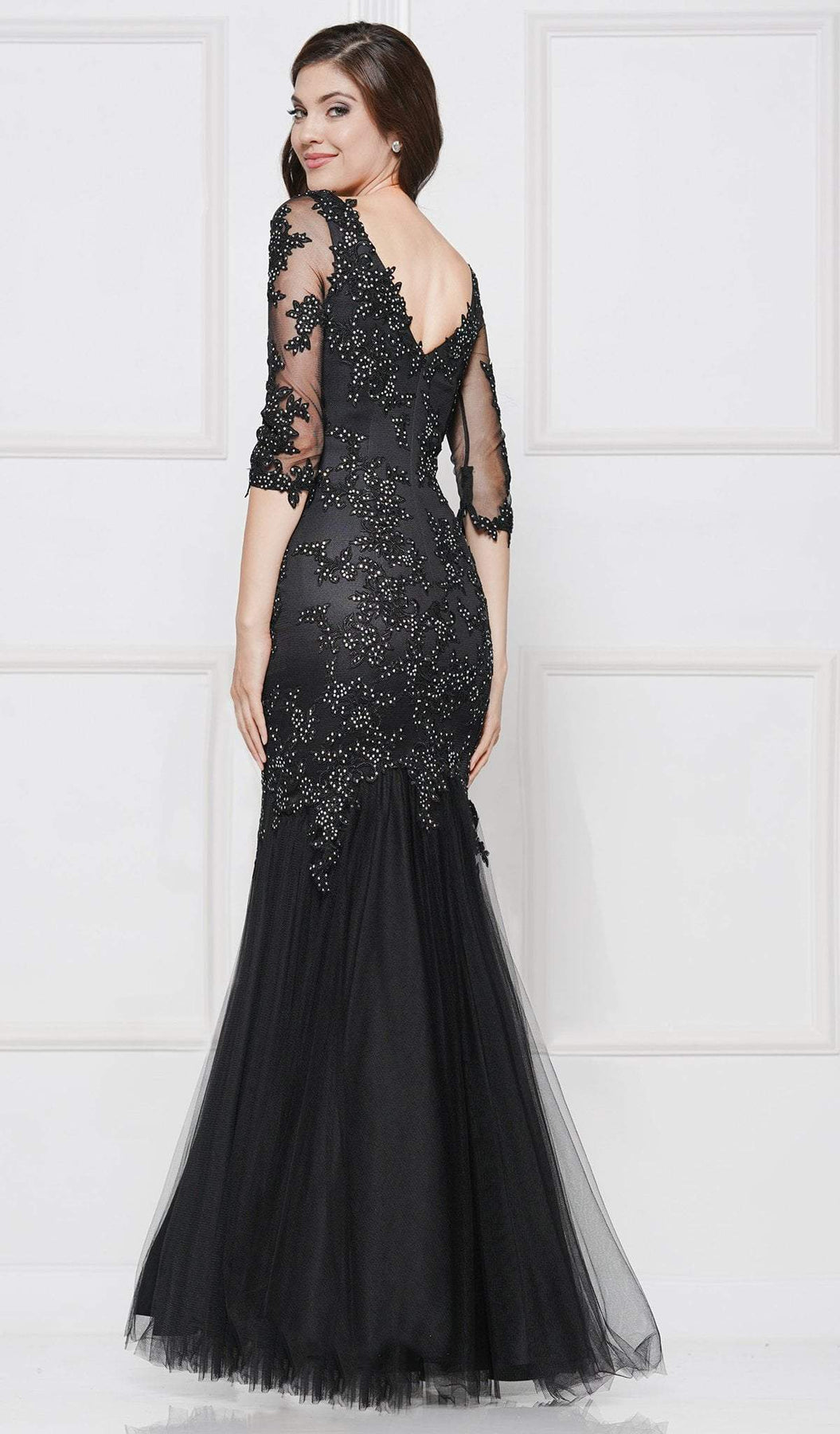 Glow by Colors - G290SL Appliqued Illusion Quarter Sleeve Tulle Gown In Black