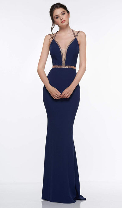 Colors Dress - Metallic Beaded Plunge Trumpet Gown G810  In Blue
