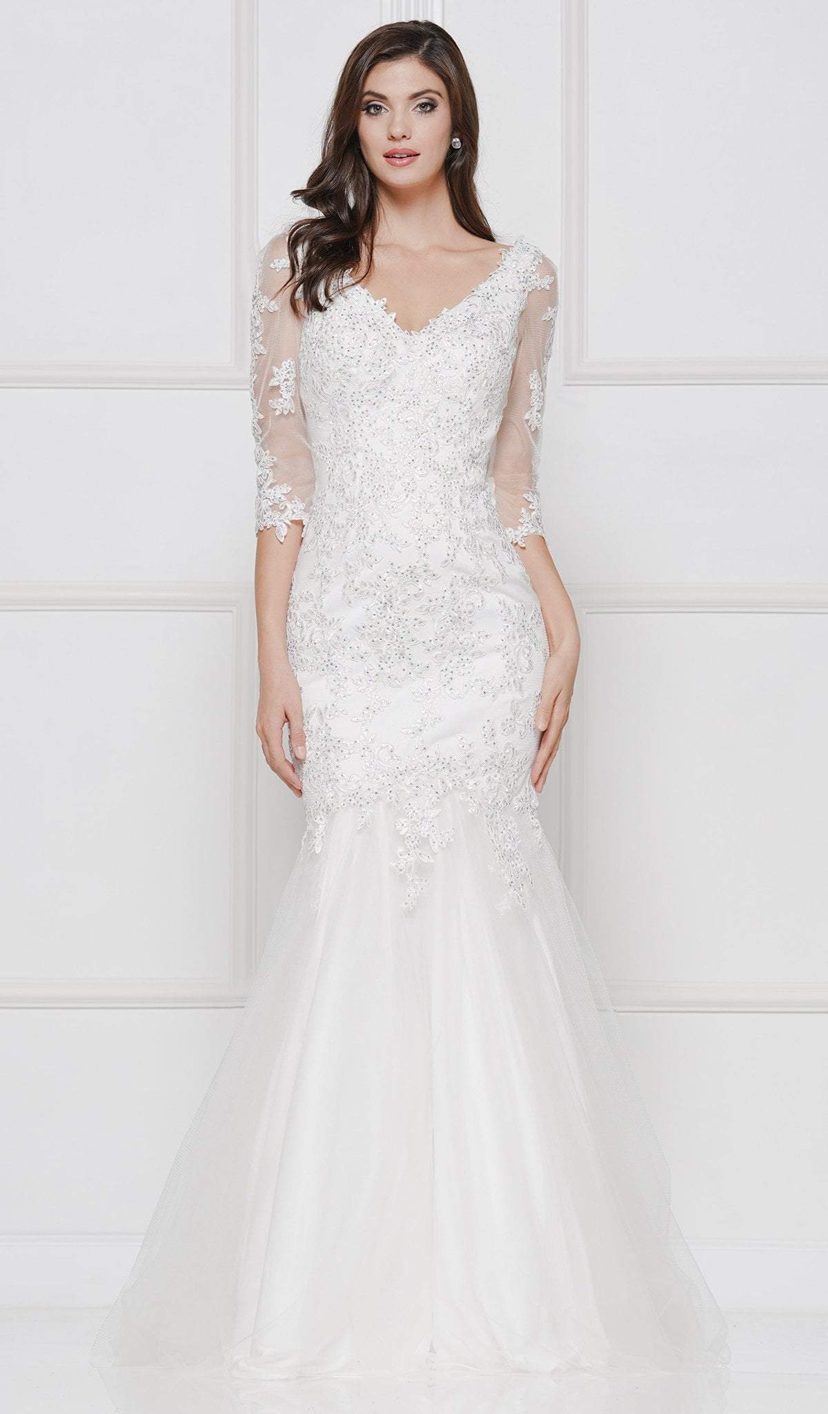 Glow by Colors - G290SL Appliqued Illusion Quarter Sleeve Tulle Gown In White