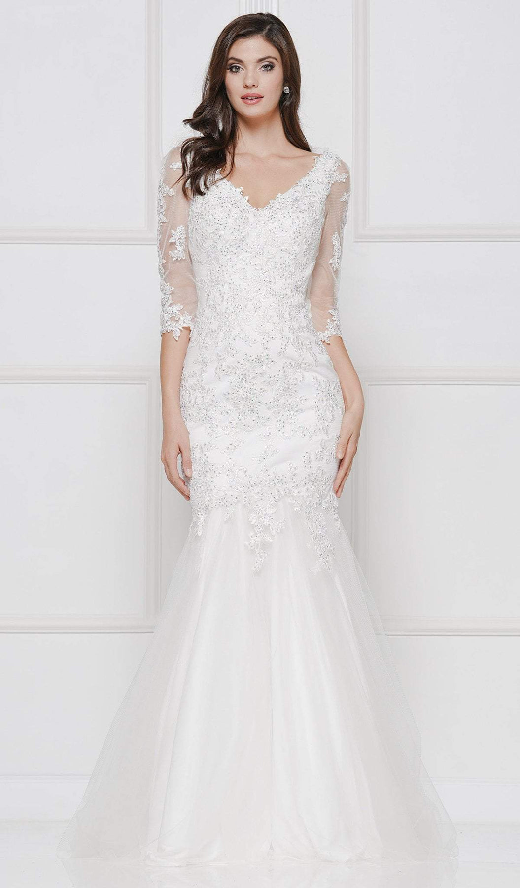 Glow by Colors - G290SL Appliqued Illusion Quarter Sleeve Tulle Gown In White