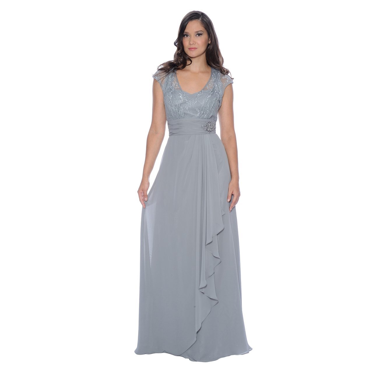 Decode 1.8 - Lace Scoop Top Chiffon Gown 182924 in Gray